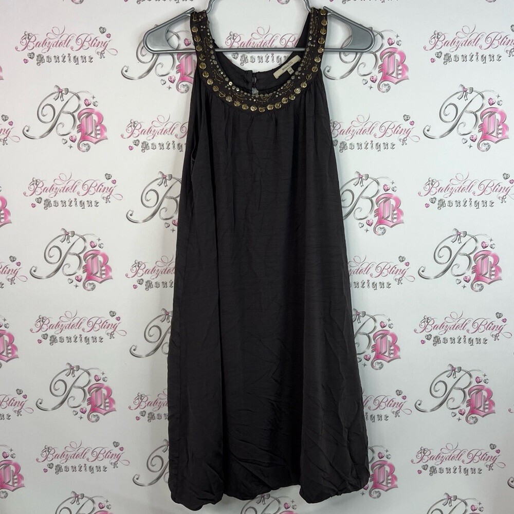 RW&CO. Dress embroidered neckline beads sequins Charcoal Sleeveless Studded